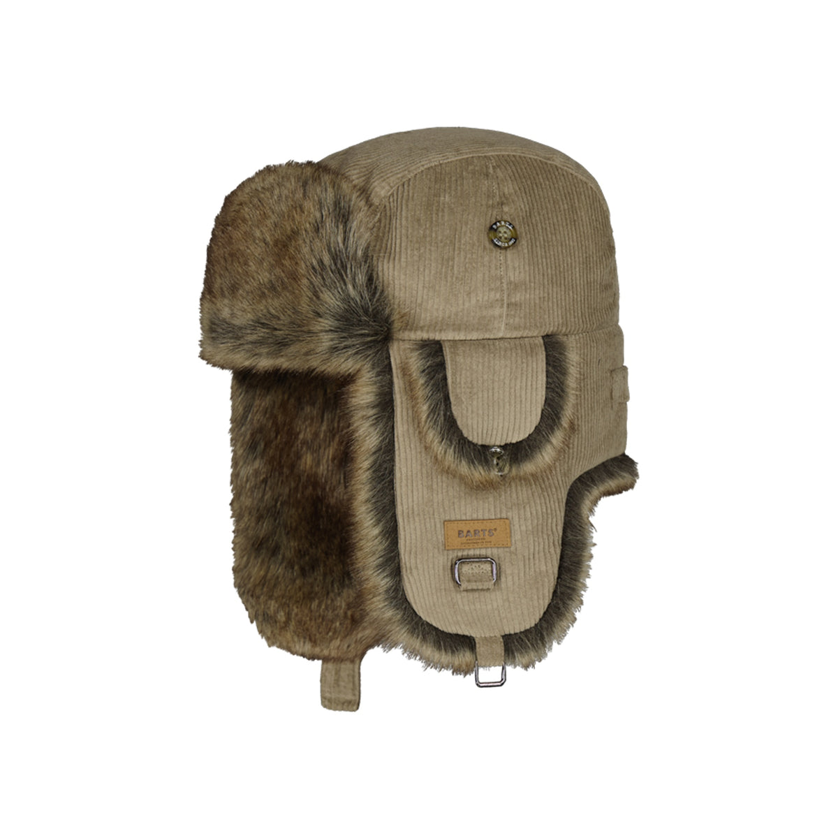 Warme wintermuts met oorflappen en imitatiebont in beige/taupe corduroy stof