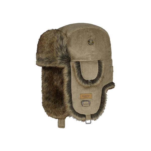 Warme wintermuts met oorflappen en imitatiebont in beige/taupe corduroy stof