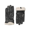Zwarte leren handschoenen met beige gebreide manchetten en decoratieve gespsluiting