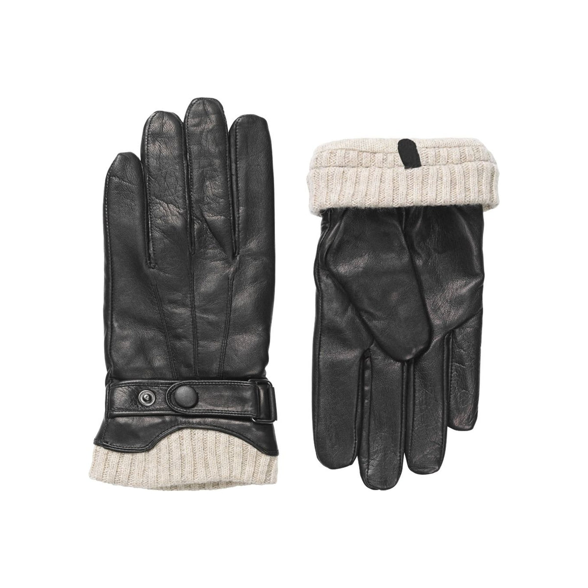 Zwarte leren handschoenen met beige gebreide manchetten en decoratieve gespsluiting