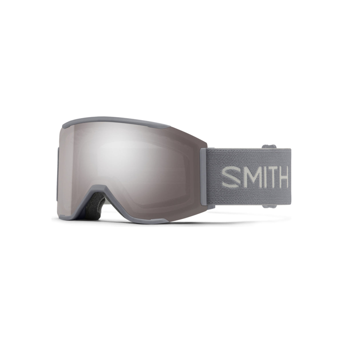 Smith skibril met grijs montuur en spiegelende lens, zijaanzicht op witte achtergrond