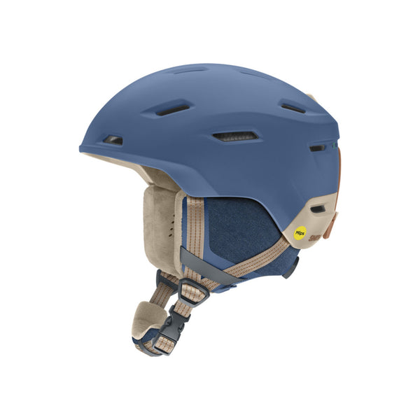 Blauwe ski helm met MIPS technologie en ventilatieopeningen voor snowboarden en wintersport