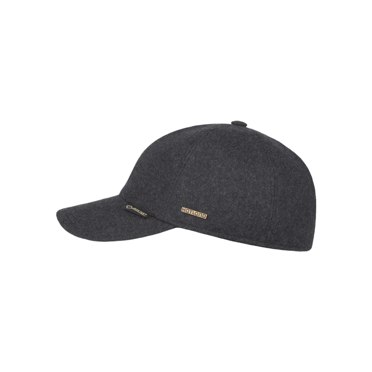 Donkergrijze pet met gebogen klep en metalen logo badge - baseball cap zijkant aanzicht