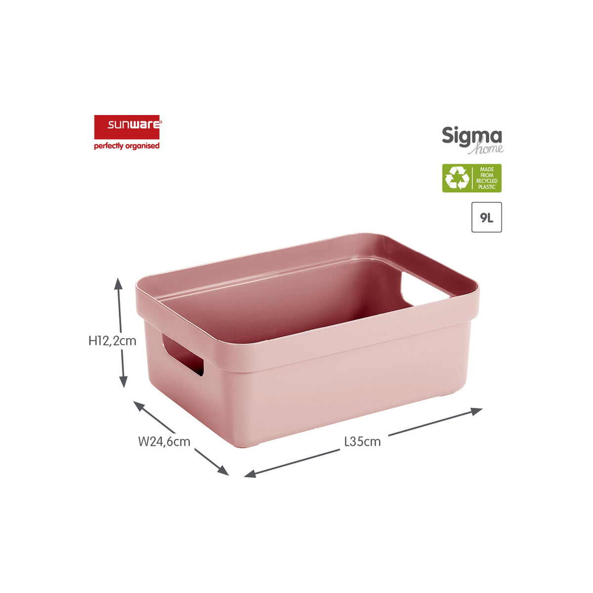 Sunware Sigma opbergbox 9L roze kunststof met handgrepen, afmetingen 35x26x14cm, duurzaam en praktisch