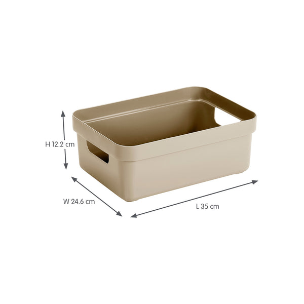 Beige opbergmand met handvatten, 35x24x12 cm, kunststof opbergbox voor huis en kantoor
