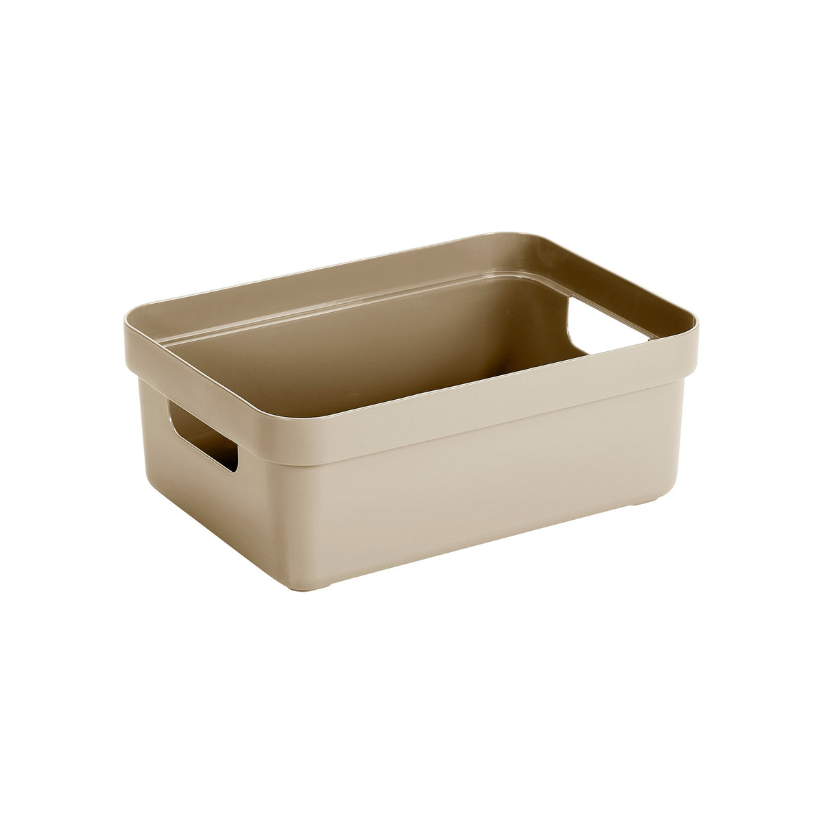 Beige kunststof opbergmand met handgrepen, rechthoekige opbergbox voor huishoudelijke organisatie