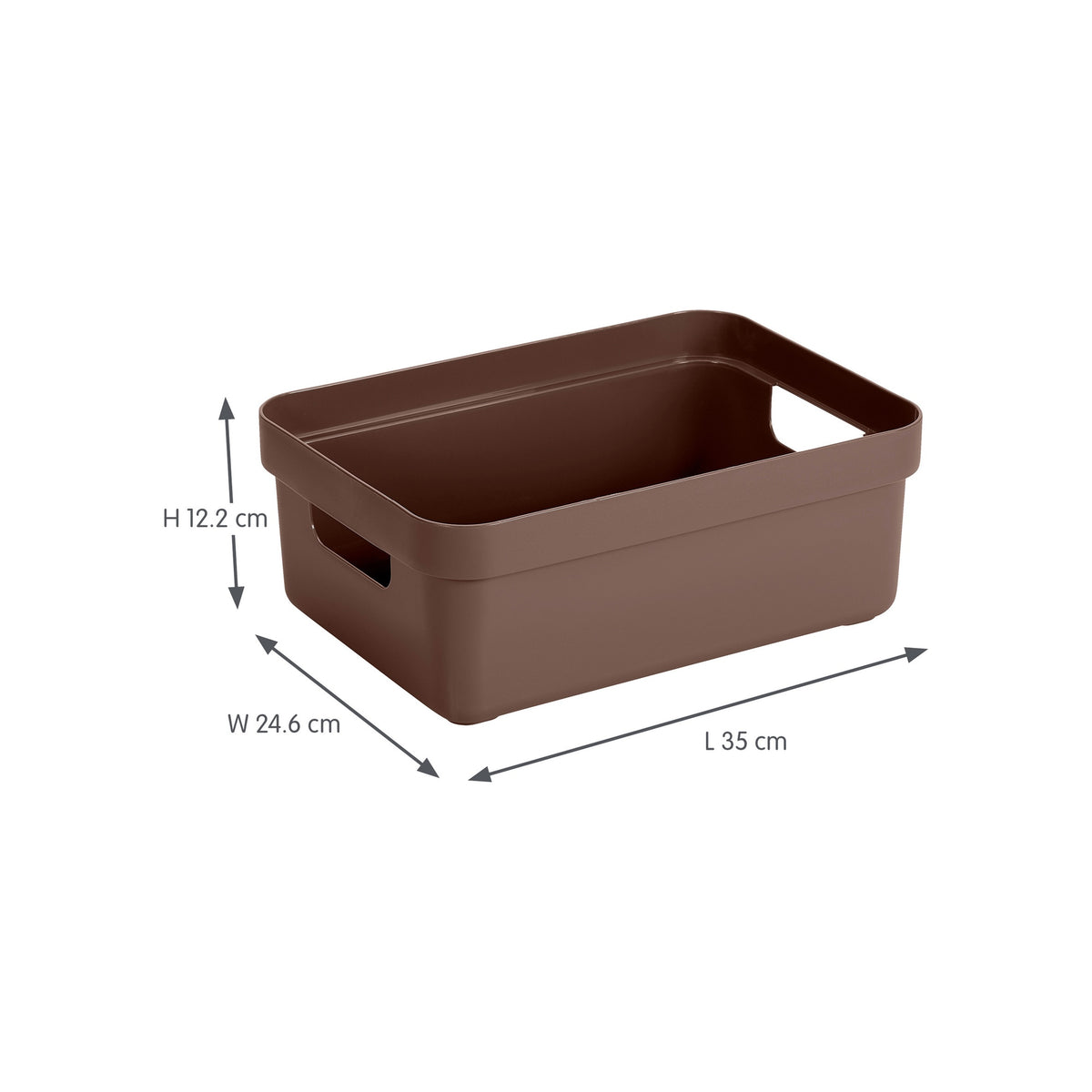 Bruine opbergmand met handvatten, afmetingen 35x24x12 cm, kunststof opbergbox voor huishouden