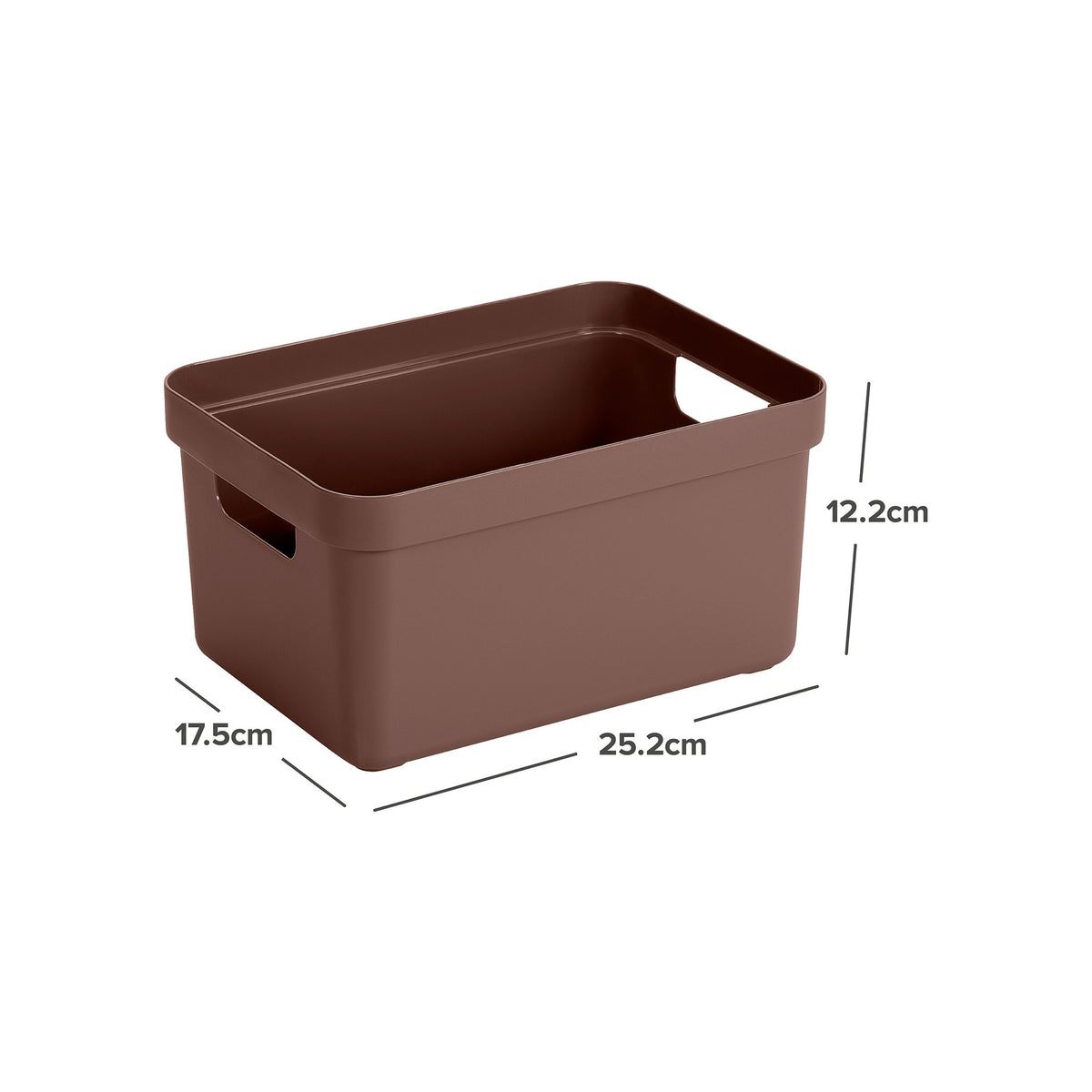 Bruine opbergmand met handgrepen, 25.2cm x 17.5cm x 12.2cm, plastic opbergbox voor huis en kantoor