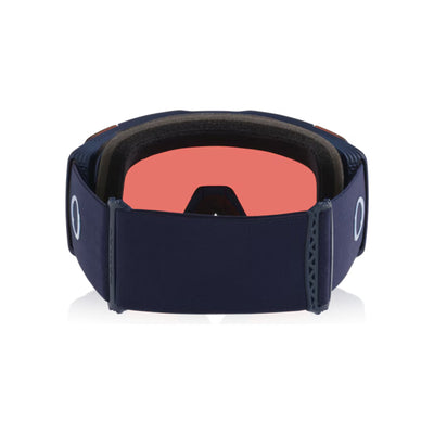 Skibril met oranje lens en donkerblauw frame, vooraanzicht met verstelbare band