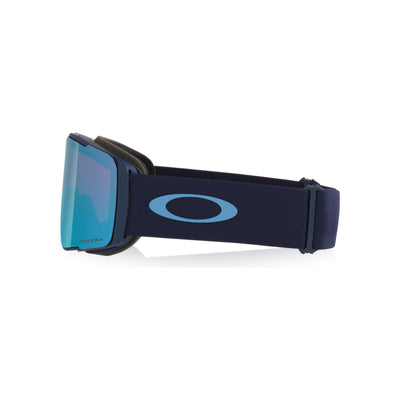 Oakley skibril met blauwe band en groot logo, zijaanzicht met reflecterend lens