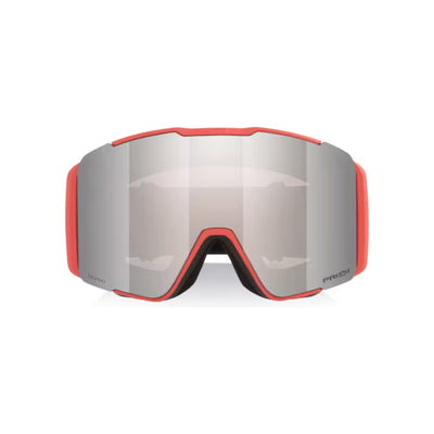 Skibril met rode frame en zilver spiegelende lens, brede cilindrische vorm voor optimaal zicht op de piste