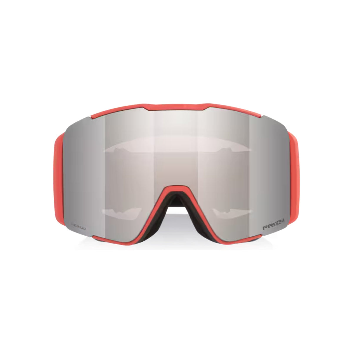 Skibril met rode frame en zilver spiegelende lens, brede cilindrische vorm voor optimaal zicht op de piste