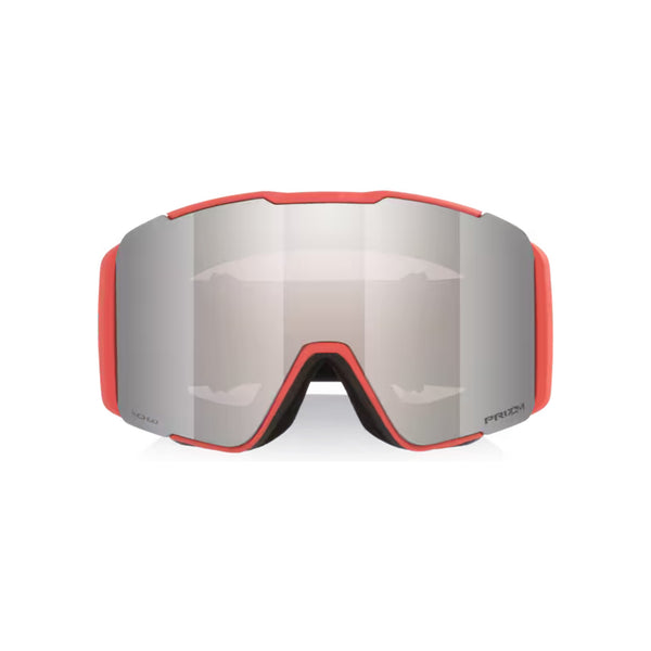 Skibril met rode frame en zilver spiegelende lens, brede cilindrische vorm voor optimaal zicht op de piste