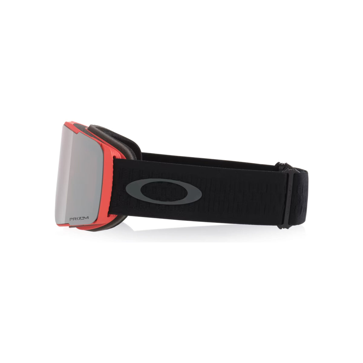 Oakley skibril met zwarte band en rode accenten, zijaanzicht met gedetailleerd logo
