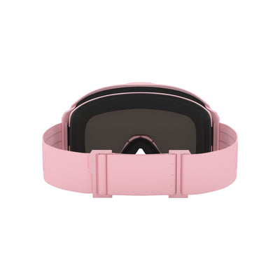 Roze skibril met donkere lens en verstelbare band, geïsoleerd op witte achtergrond