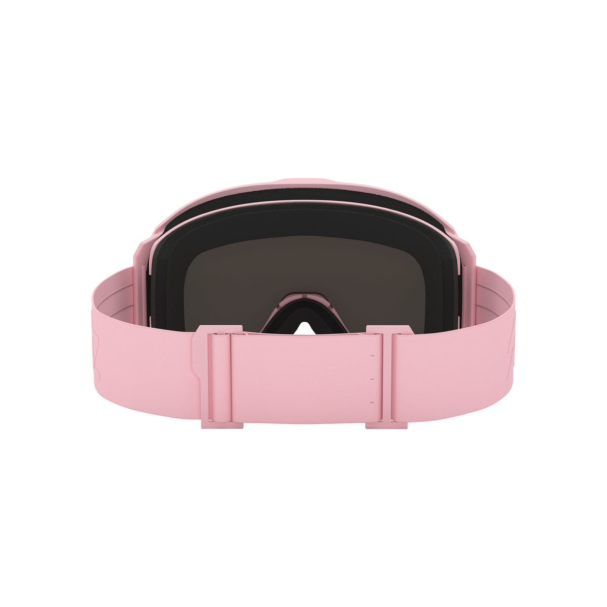 Roze skibril met donkere lens en verstelbare band, geïsoleerd op witte achtergrond