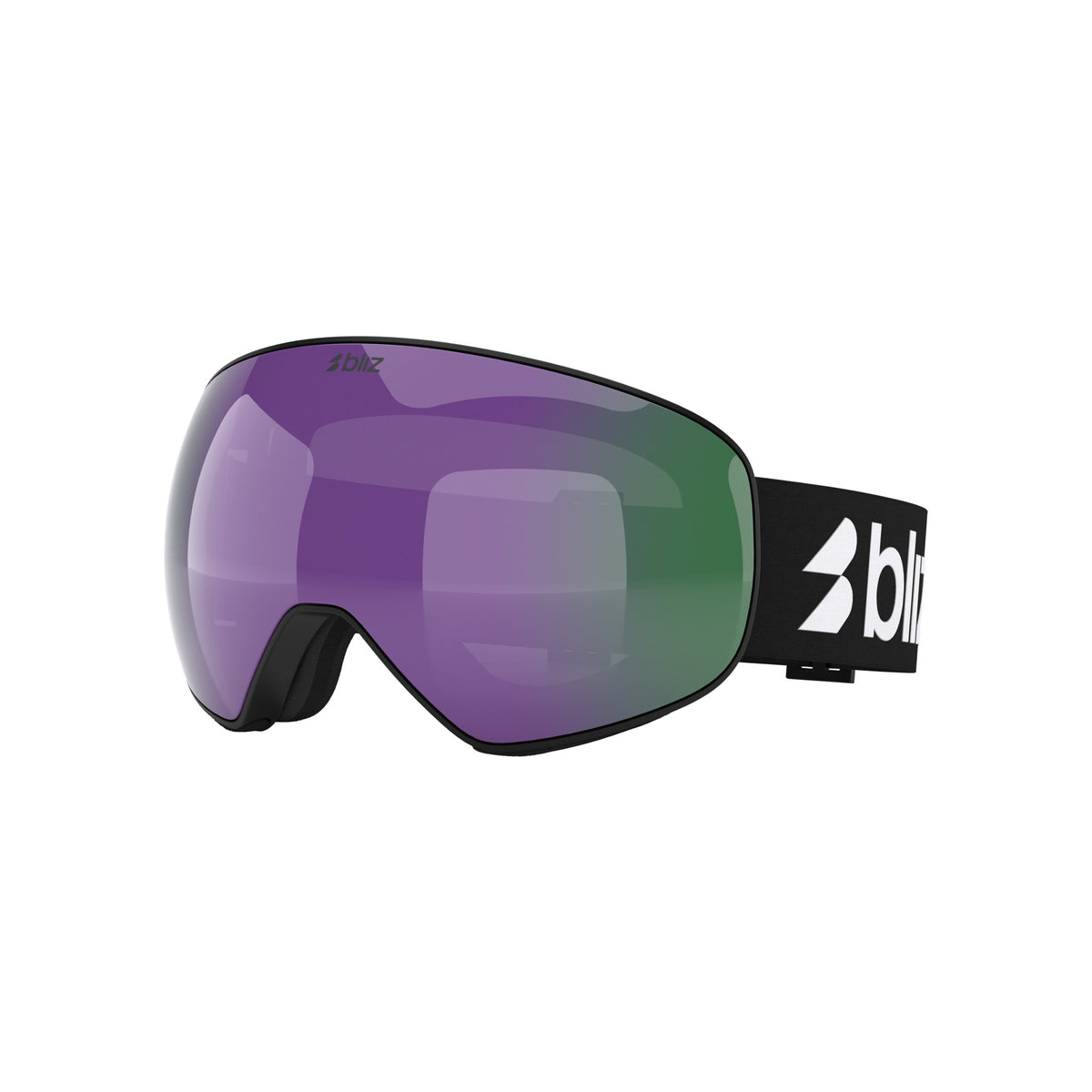 Ski- en snowboardbril met paarse spiegellens en zwarte band met wit logo