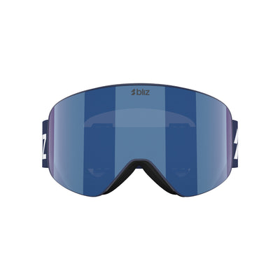 Skibril met blauwe spiegellens en paarse frame voor wintersport en snowboarden