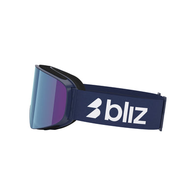 Bliz skibril met blauw montuur en paars-blauw spiegelend lens, zijwaarts getoond
