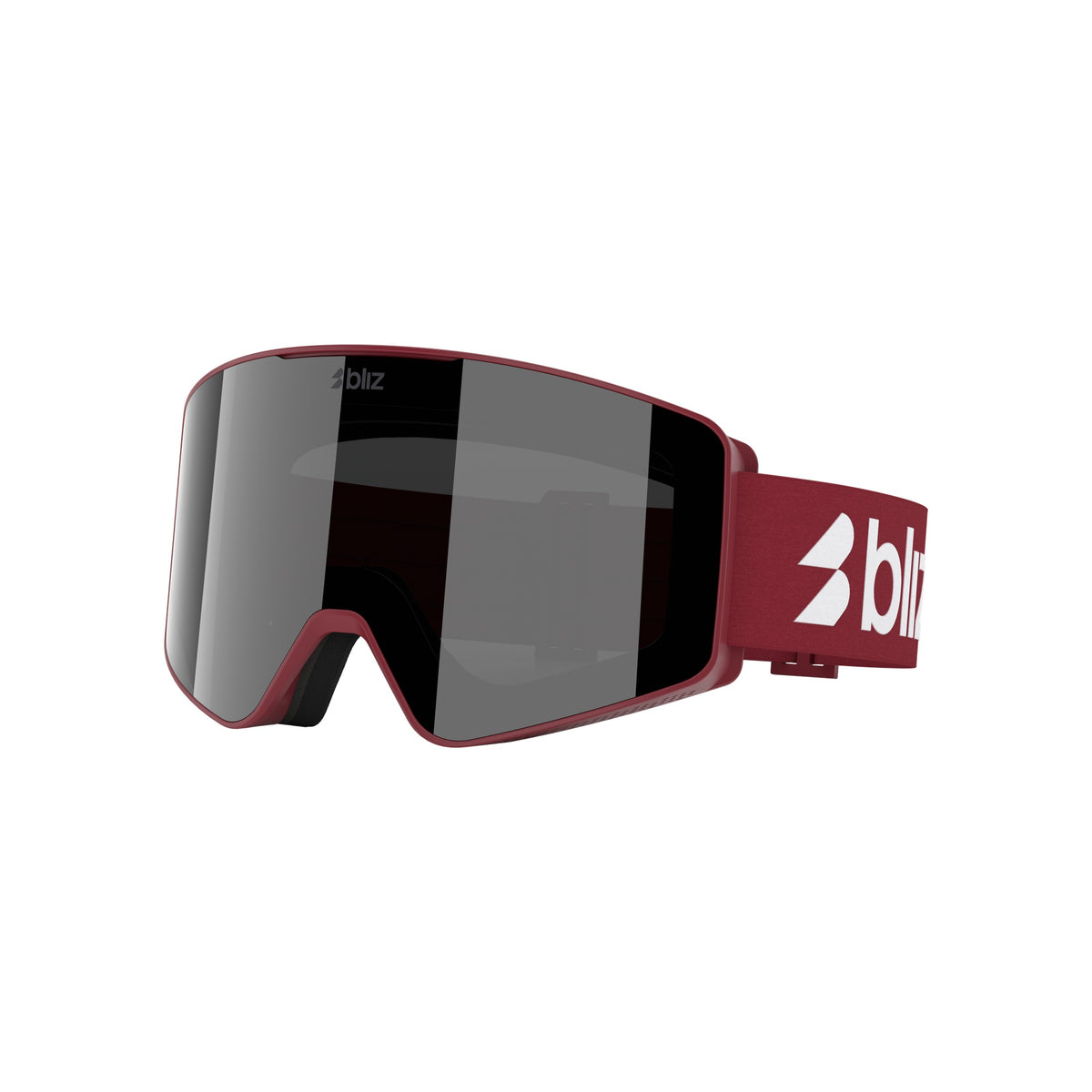 Bordeauxrode skibril met donkere lens en strakke pasvorm voor wintersport en snowboarden