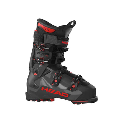 HEAD skischoen zwart met rode accenten, vier gespen, hoge performance alpineskiboot