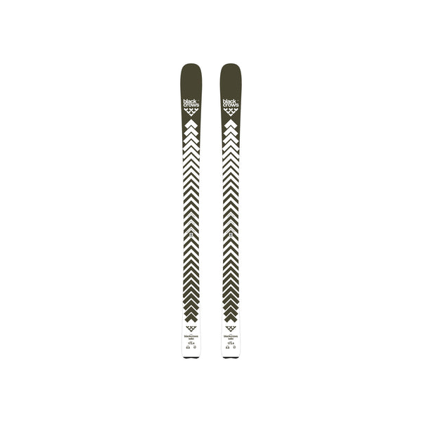 Black Crows Atris skis met zwart-wit visgraatpatroon en olijfgroene bovenkant