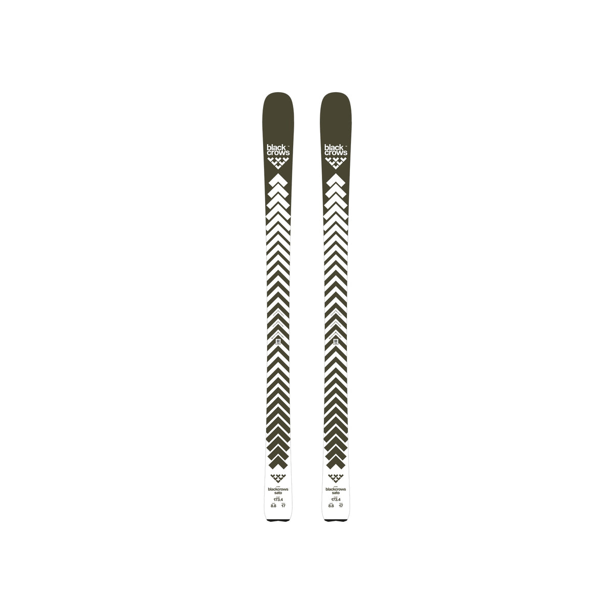 Black Crows Atris skis met zwart-wit visgraatpatroon en olijfgroene bovenkant