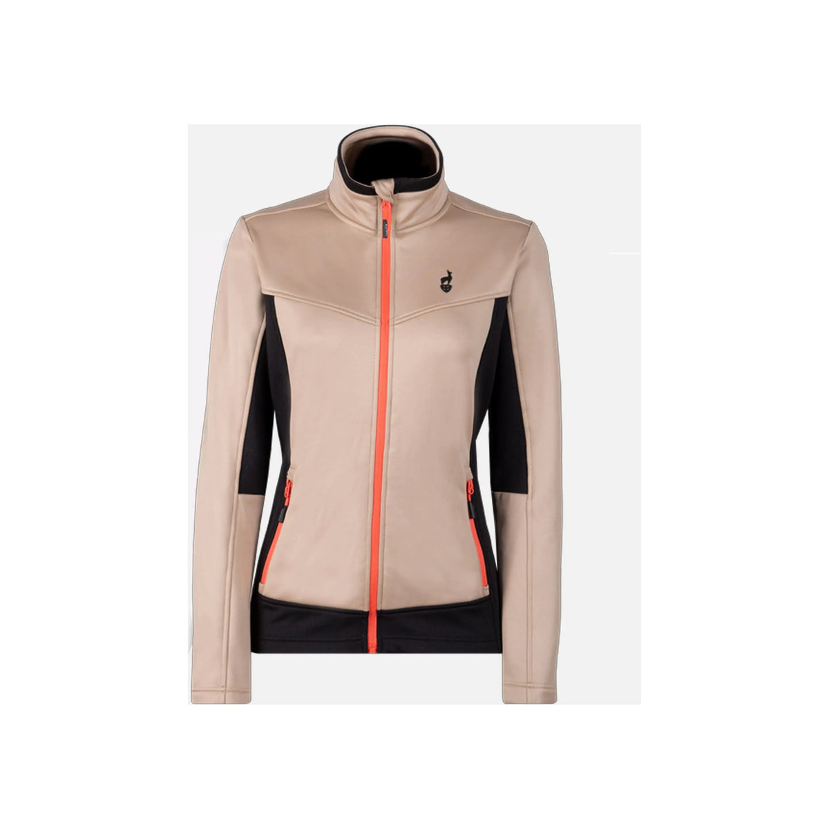 Dames sportvest in beige en zwart met oranje rits en staande kraag