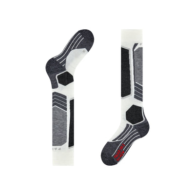 Witte skisokken met grijze en zwarte technische zones voor optimale ondersteuning en comfort
