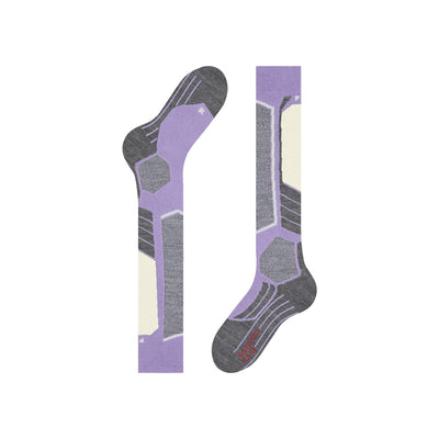 Paarse en grijze technische skisokken met anatomische pasvorm en verstevigde zones voor optimale prestaties