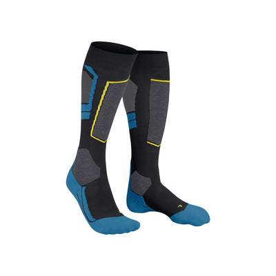 Zwarte skisokken met blauwe en gele details, technische compressiesokken voor wintersport