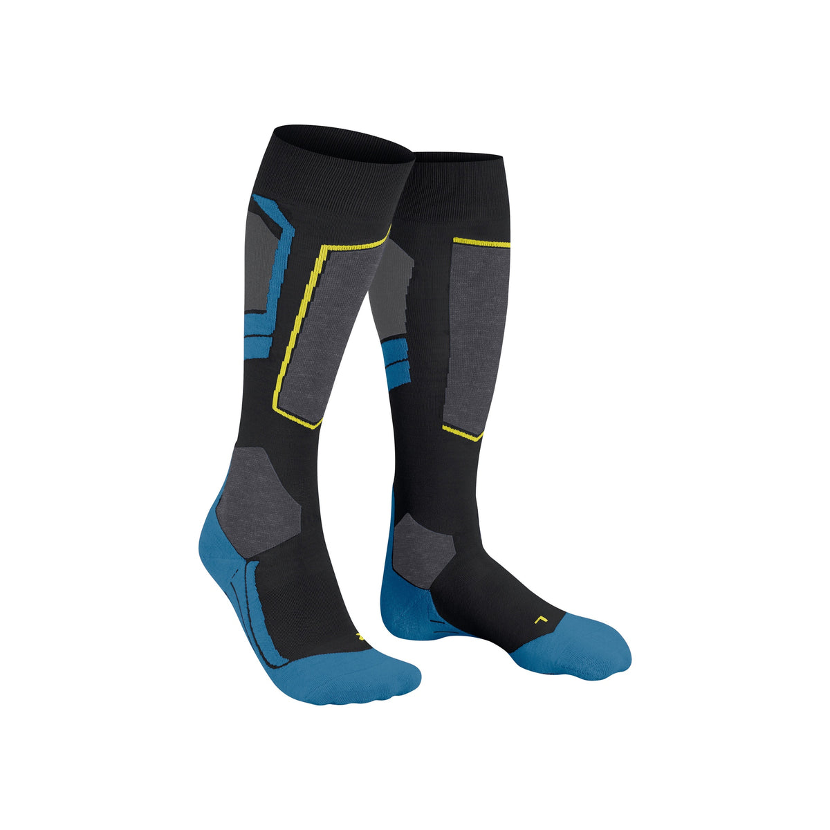Zwarte skisokken met blauwe en gele details, technische compressiesokken voor wintersport