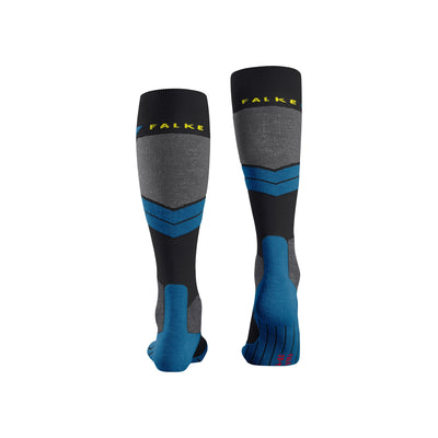 FALKE skisokken met teenbescherming in grijs, zwart en blauw, achterkant getoond