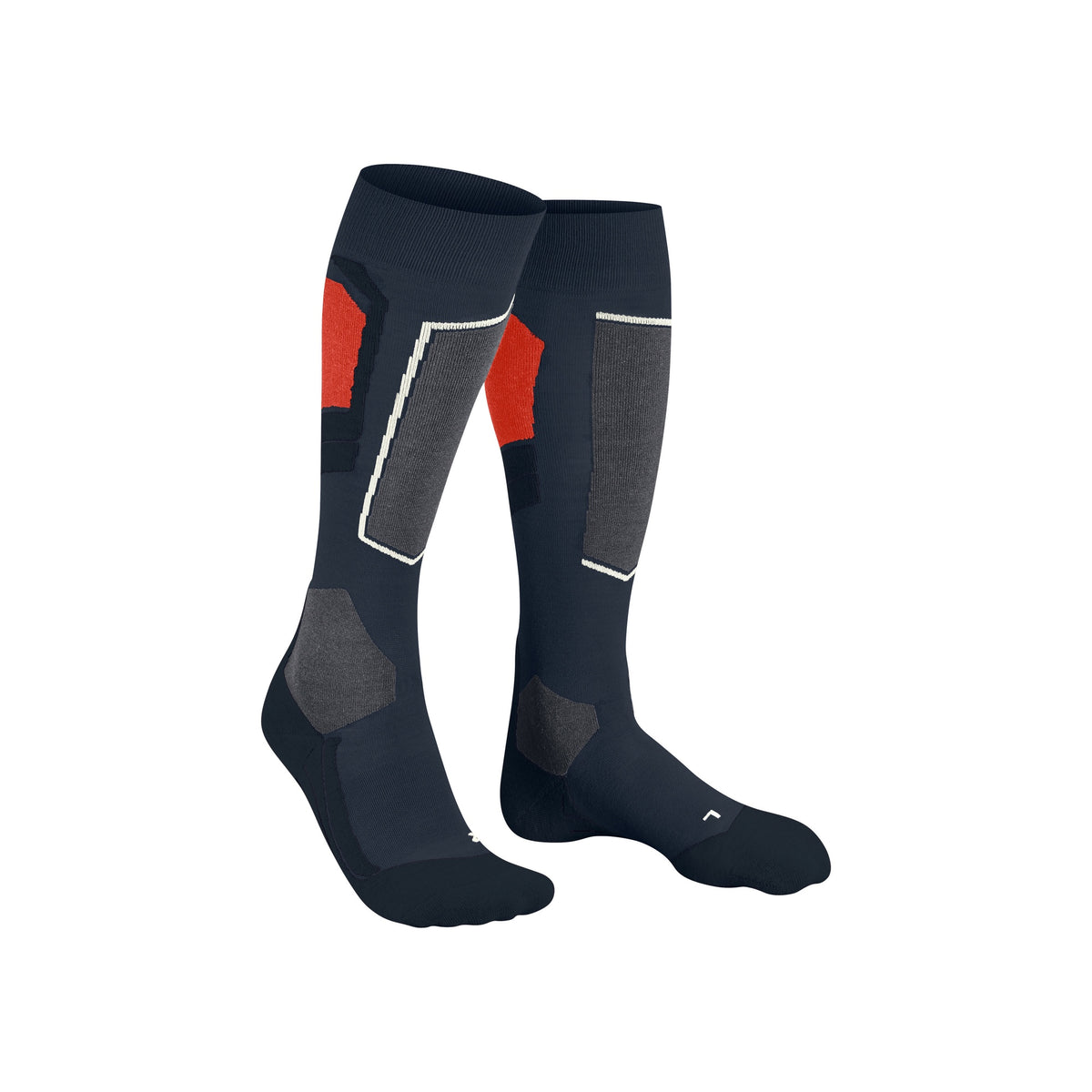 Donkerblauwe skisokken met rode en witte accenten, versterkte zones en compressie voor optimaal comfort