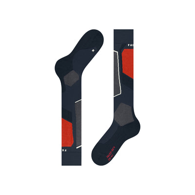 Donkerblauwe skisokken met rode en grijze details en verstevigde zones voor optimaal comfort