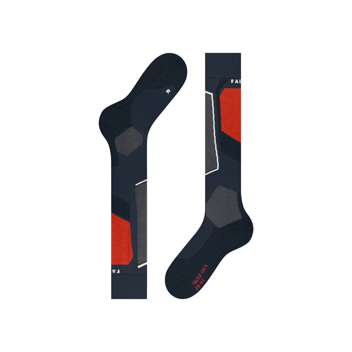 Donkerblauwe skisokken met rode en grijze details en verstevigde zones voor optimaal comfort