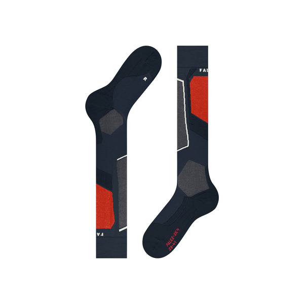 Donkerblauwe skisokken met rode en grijze details en verstevigde zones voor optimaal comfort