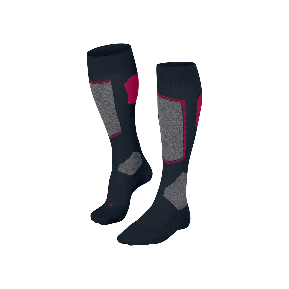 Zwarte skikousen met grijze en roze accenten, technische wintersportkousen voor dames
