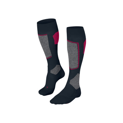 Zwarte skikousen met grijze en roze accenten, technische wintersportkousen voor dames