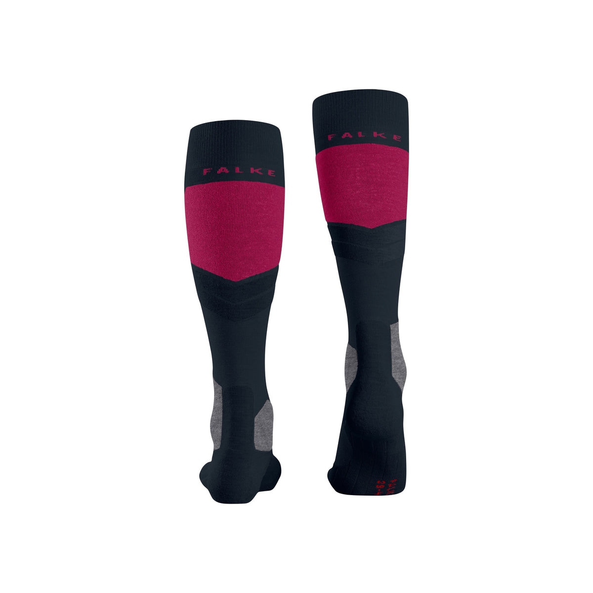 Donkerblauwe kniesokken met roze band en Falke logo, achterkant weergave
