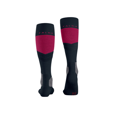 Donkerblauwe kniesokken met roze band en Falke logo, achterkant weergave