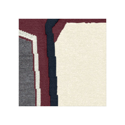 Modern vloerkleed met bordeauxrood, grijs, navy en crème kleuren en geometrisch randpatroon