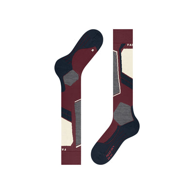 Bordeauxrode skisokken met kleurblokken in marine, grijs en beige, anatomisch gevormd voor links en rechts