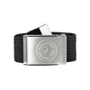 Fjällräven Canvas riem met zilveren metalen gesp en geëtst cirkellogo op zwart canvas