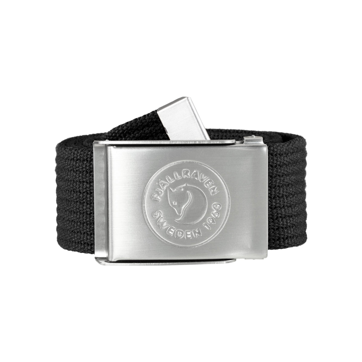 Fjällräven Canvas riem met zilveren metalen gesp en geëtst cirkellogo op zwart canvas