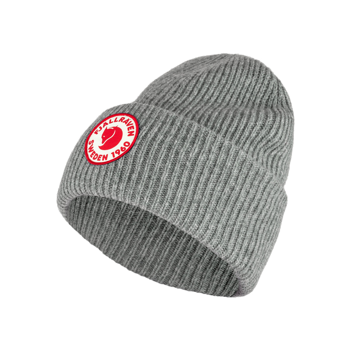 Grijze gebreide muts met rood Fjällräven logo patch - warme wintermuts