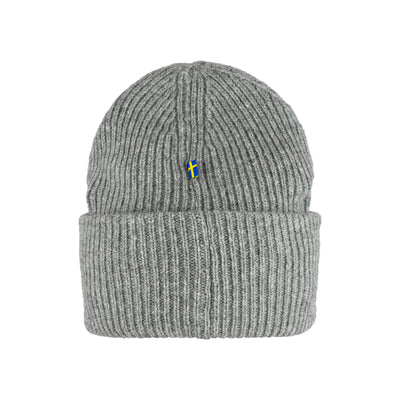 Grijze gebreide beanie muts met gekleurde logo patch en omgeslagen rand
