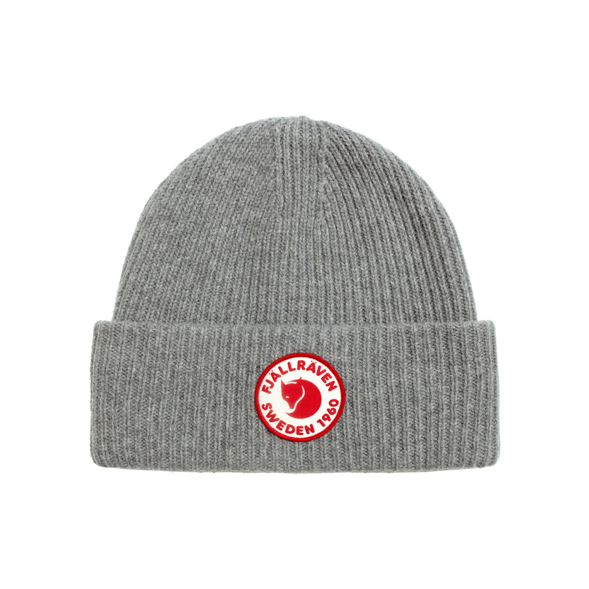 Fjällräven grijze gebreide muts met rood-wit rond logo patch
