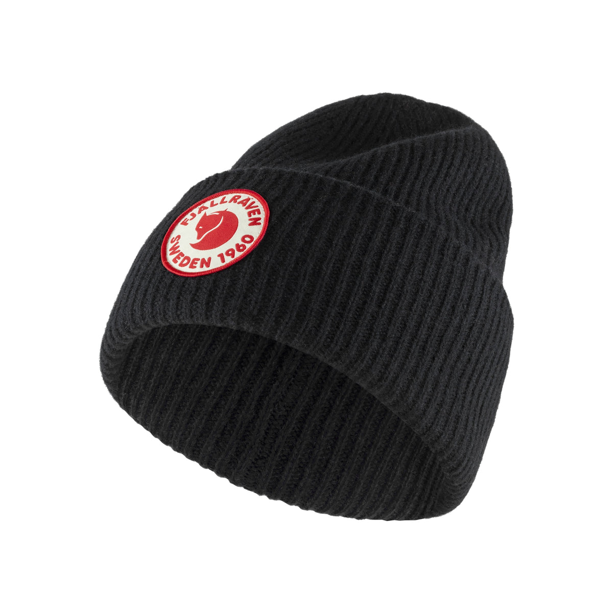 Fjällräven zwarte geribbelde muts met rood logo patch - warme wintermuts