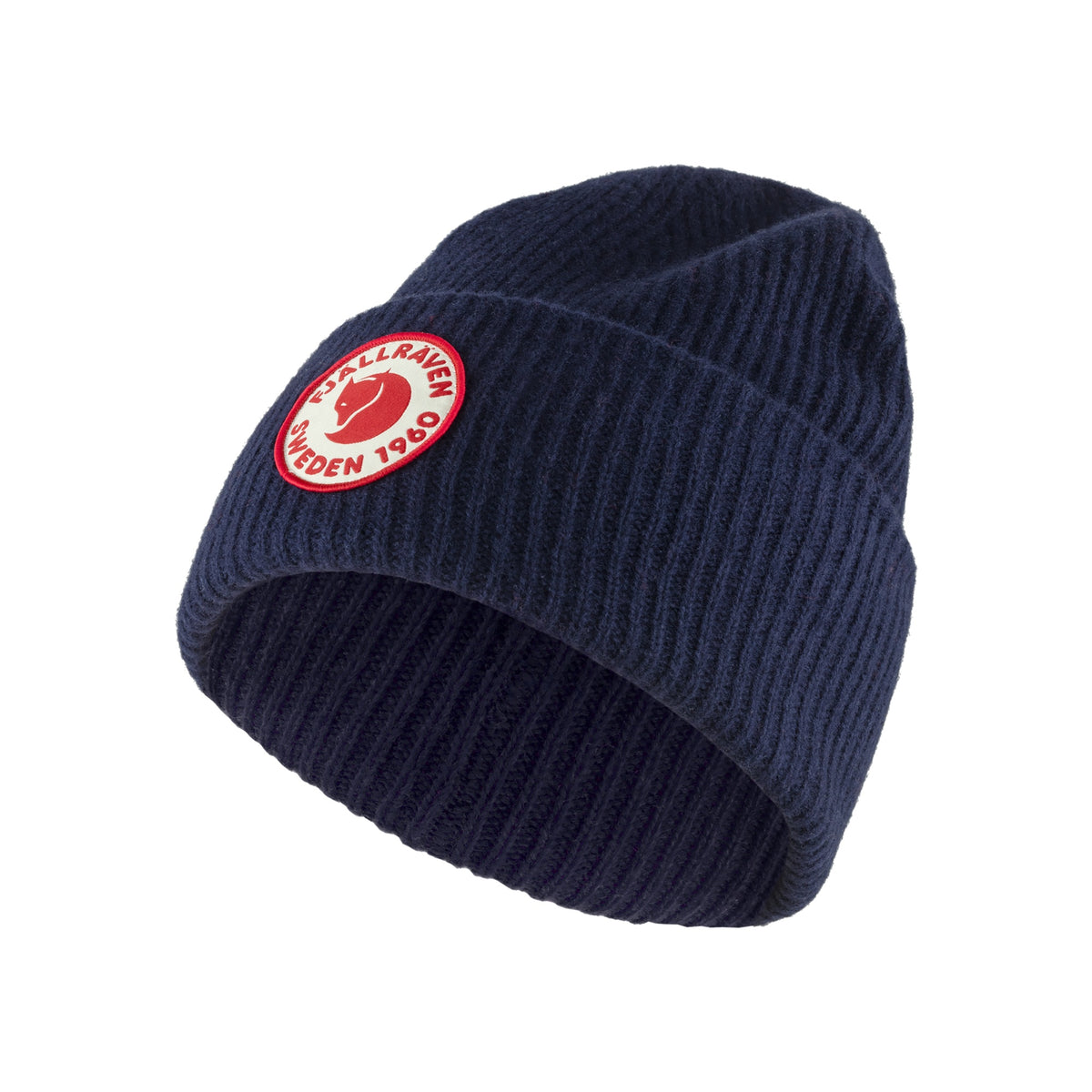 Fjällräven 1960 Logo muts in donkerblauw met rode badge - warme gebreide beanie